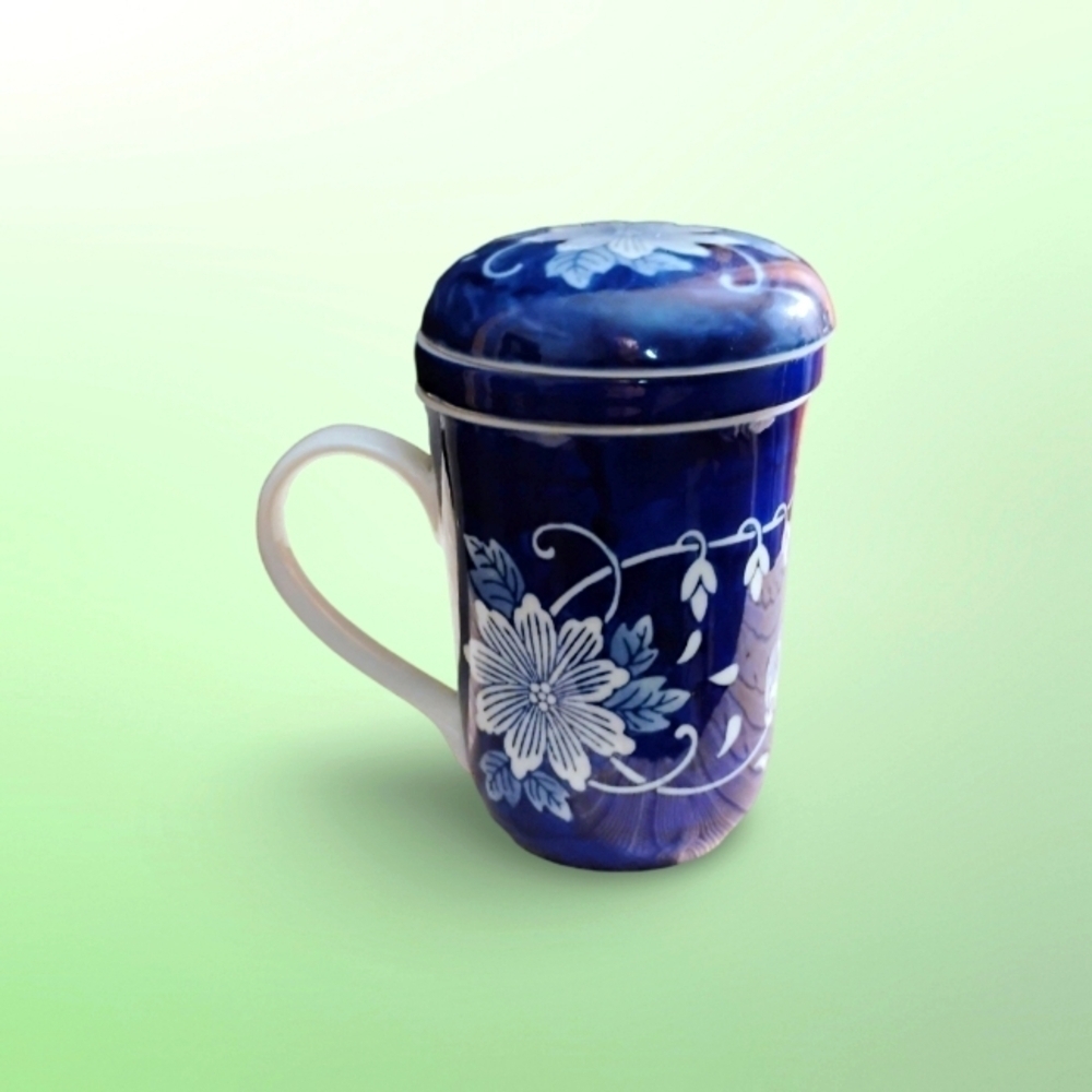 World Market Blue and White Floral Tea cup, infuser, and lid. G111​​​​